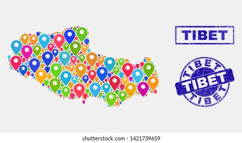 Vector bright mosaic Tibet map and grunge stamp seals. Abstract Tibet map is created from randomized bright navigation symbols. Seals are blue, with rectangle and rounded shapes.