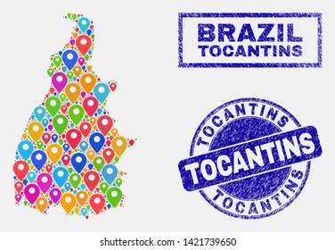 Vector bright mosaic Tocantins State map and grunge seals. Abstract Tocantins State map is designed from scattered bright map pins. Seals are blue, with rectangle and rounded shapes.