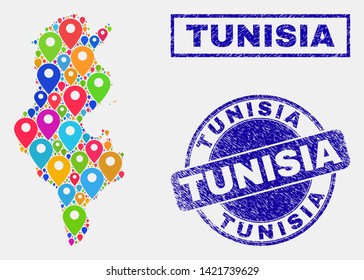 Vector bright mosaic Tunisia map and grunge seals. Abstract Tunisia map is created from scattered bright site locations. Seals are blue, with rectangle and rounded shapes.