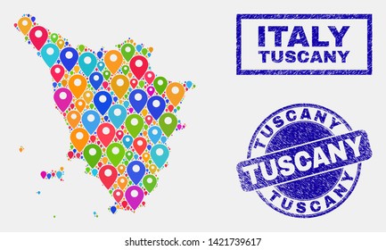 Vector bright mosaic Tuscany region map and grunge stamp seals. Abstract Tuscany region map is created from scattered bright site symbols. Stamp seals are blue, with rectangle and round shapes.