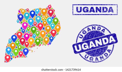 Vector bright mosaic Uganda map and grunge stamp seals. Abstract Uganda map is designed from randomized colorful geo icons. Stamp seals are blue, with rectangle and rounded shapes.