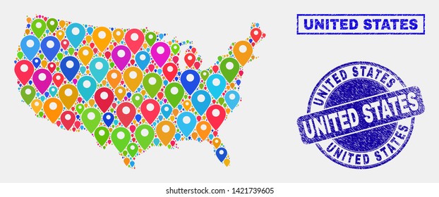 Vector bright mosaic United States map and grunge watermarks. Abstract United States map is designed from scattered bright navigation symbols. Watermarks are blue, with rectangle and round shapes.