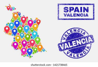 Vector bright mosaic Valencia Province map and grunge stamp seals. Abstract Valencia Province map is composed from scattered bright map positions. Stamp seals are blue,