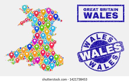Vector bright mosaic Wales map and grunge stamps. Abstract Wales map is formed from scattered bright map pins. Stamps are blue, with rectangle and rounded shapes.