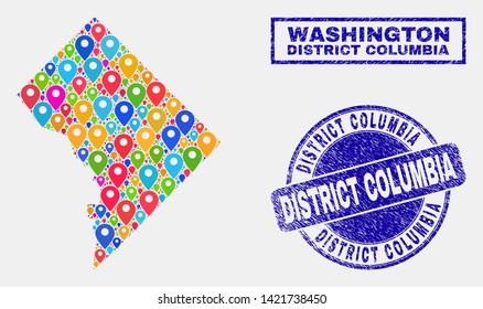 Vector bright mosaic Washington District Columbia map and grunge stamp seals. Flat Washington District Columbia map is composed from randomized bright site pins. Stamp seals are blue,