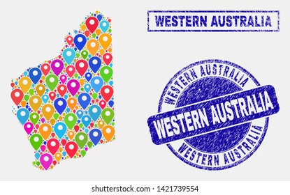 Vector bright mosaic Western Australia map and grunge stamp seals. Abstract Western Australia map is composed from random colorful site positions. Stamp seals are blue,