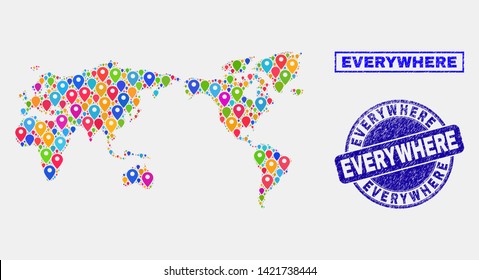 Vector bright mosaic world map and grunge seals. Abstract world map is created from randomized bright navigation pointers. Stamp seals are blue, with rectangle and rounded shapes.