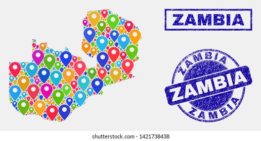 Vector bright mosaic Zambia map and grunge seals. Abstract Zambia map is designed from randomized colorful navigation markers. Seals are blue, with rectangle and round shapes.