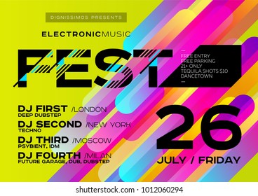 Vector Bright Music Poster for Festival. Electronic Music Cover for Summer Fest or Club Party Flyer. Colorful Green Background with Trendy Geometric Shapes. Creative Design for Event Invitation.