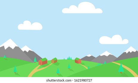Vector bright nature landscape with mountains, green meadow and small village with few wooden houses and lanes