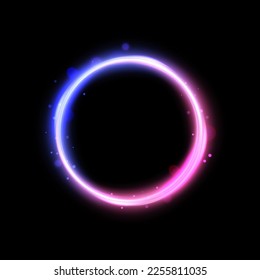Vector bright neon circle with glow. Abstract round frame with empty space for text bright neon frame with transparency. Colorful glitter, flash. Illustration for advertising, banner, postcard.
