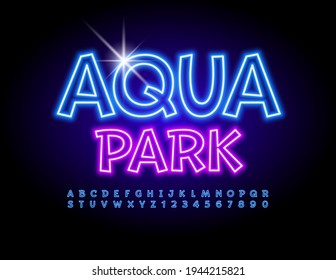 Vector brillante Neon Emblem Aqua Park. Fuente en mayúsculas. Letras y números alfabéticos artísticos.