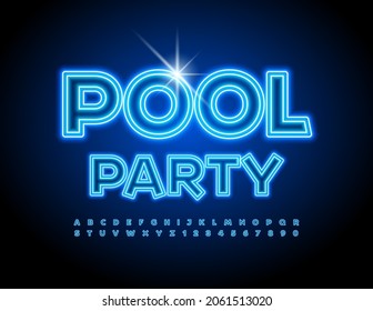 Vector bright Neon Emblem Pool Party. Funny Glowing Font. Blue Artistic Alphabet Letters and Numbers.