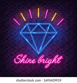 Vector Bright Neon Lamp Signboard With Diamond And Shine Bright Lettering. Glowing Gem Banner On Purple Brick Wall Background