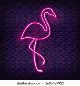 Vector bright neon lamp signboard with pink flamingo silhouette. Glowing bird banner on purple brick wall background