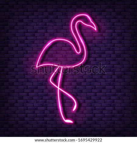 Vector bright neon lamp signboard with pink flamingo silhouette. Glowing bird banner on purple brick wall background
