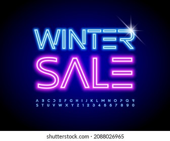Vector Bright Neon Aster Winter Sale.  Fuente azul brillante. Elegantes letras y números de alfabeto.