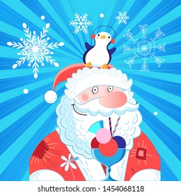 Vector bright New Year card with Santa Claus and a penguin on a blue background with snowflakes. Template for design postcard or poster.