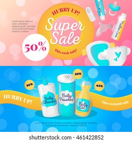 Vector bright newborn accessories banners design templates. Baby goods sale vouchers collection.