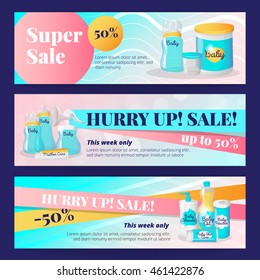 Vector bright newborn accessories banners design templates. Baby goods sale vouchers collection.