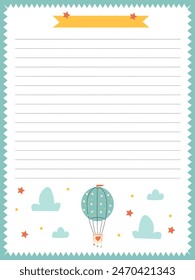 vector bright notebook page template with balloon and clouds