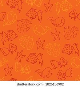 Vector bright orange aquatic seamless pattern bakground