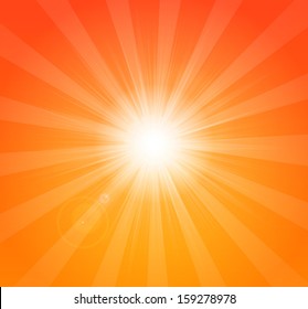 Vector bright orange summer background with sun rays