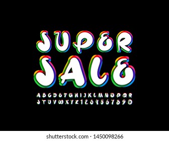 Vector bright original poster Super Sale with Uppercase Alphabet. Handwritten trendy Font. Creative colorful Letters and Numbers