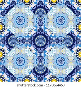 Vector bright ornament of mandalas in blue, green and gray colors. Seamless asian ethnic abstract retro doodle background pattern.