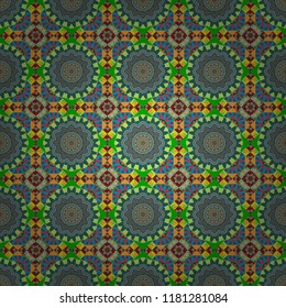 Vector bright ornament of mandalas in blue, green and red colors. Seamless asian ethnic abstract retro doodle background pattern.