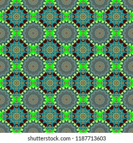 Vector bright ornament of mandalas in blue, green and red colors. Seamless asian ethnic abstract retro doodle background pattern.