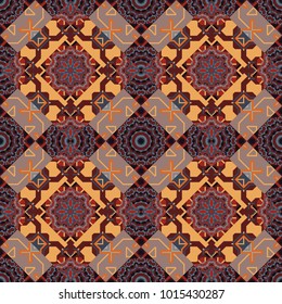 Vector bright ornament of mandalas in brown, pink and orange colors. Seamless asian ethnic abstract retro doodle background pattern.