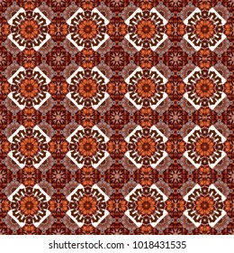 Vector bright ornament of mandalas in brown, gray and orange colors. Seamless asian ethnic abstract retro doodle background pattern.