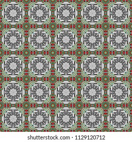 Vector bright ornament of mandalas in brown, blue and gray colors. Seamless asian ethnic abstract retro doodle background pattern.