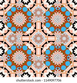 Vector bright ornament of mandalas in gray, orange and beige colors. Seamless asian ethnic abstract retro doodle background pattern.