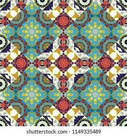 Vector bright ornament of mandalas in gray, beige and blue colors. Seamless asian ethnic abstract retro doodle background pattern.