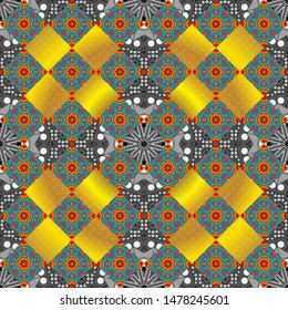 Vector bright ornament of mandalas in gray, yellow and blue colors. Seamless asian ethnic abstract retro doodle background pattern.