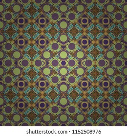 Vector bright ornament of mandalas in green, purple and brown colors. Seamless asian ethnic abstract retro doodle background pattern.