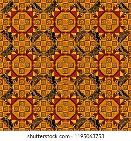 Vector bright ornament of mandalas in orange, yellow and brown colors. Seamless asian ethnic abstract retro doodle background pattern.