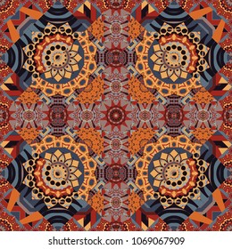 Vector bright ornament of mandalas in red, gray and orange colors. Seamless asian ethnic abstract retro doodle background pattern.