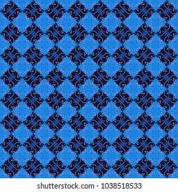 Vector bright ornament of mandalas in violet, blue and black colors. Seamless asian ethnic abstract retro doodle background pattern.