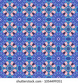 Vector bright ornament of mandalas in violet, purple and blue colors. Seamless asian ethnic abstract retro doodle background pattern.