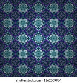 Vector bright ornament of mandalas in violet, green and blue colors. Seamless asian ethnic abstract retro doodle background pattern.