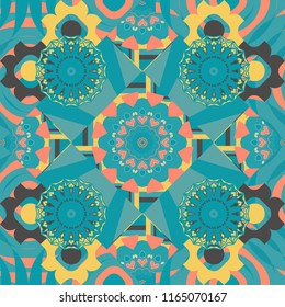 Vector bright ornament of mandalas in yellow, orange and blue colors. Seamless asian ethnic abstract retro doodle background pattern.