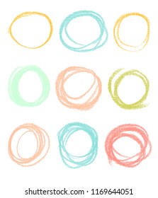 Vector bright pastel round design elements on the chalkboard. Set of hand drawn colorful coal objects for design use. Vector art illustration grunge scratches, dust, stains, frames.