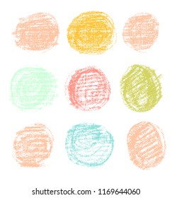 Vector bright pastel round design elements on the chalkboard. Set of hand drawn colorful coal objects for design use. Vector art illustration grunge scratches, dust, stains, frames.