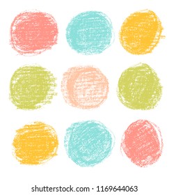 Vector bright pastel round design elements on the chalkboard. Set of hand drawn colorful coal objects for design use. Vector art illustration grunge scratches, dust, stains, frames.