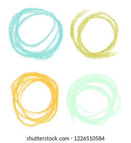 Vector bright pastel round design elements on the chalkboard. Set of hand drawn colorful coal objects for design use. Vector art illustration grunge scratches, dust, stains, frames.