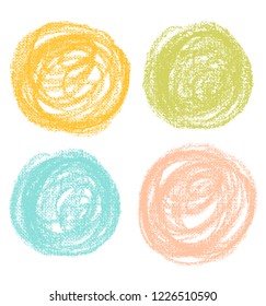 Vector bright pastel round design elements on the chalkboard. Set of hand drawn colorful coal objects for design use. Vector art illustration grunge scratches, dust, stains, frames.