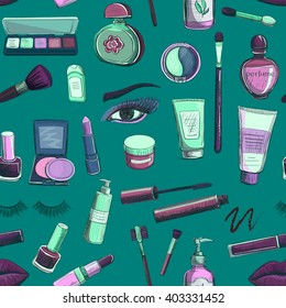 
Vector bright pattern with color sketches of makeup on a green background